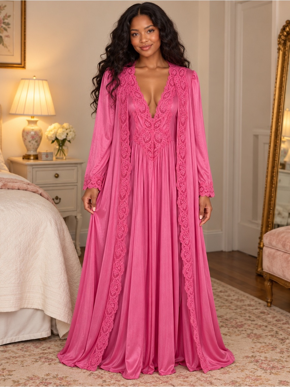 Olga Hot Pink Lace-Trim Long Robe & Nightgown Set